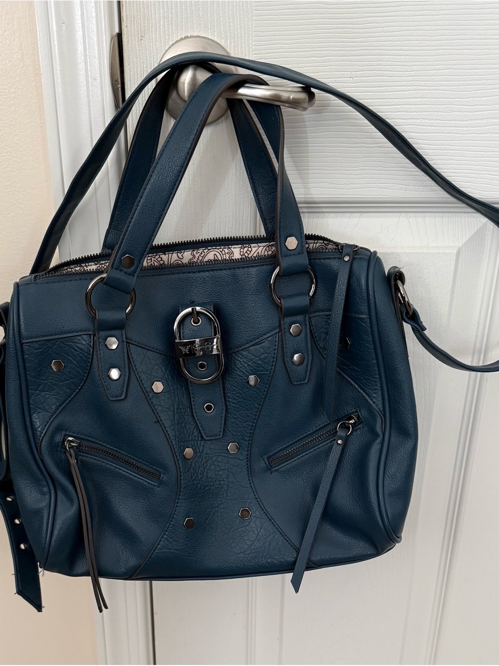 Jessica Simpson Blue Satchel Top Handle Zip Buckle Paisley Lined Pockets